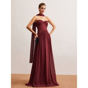 Commense Semi-Sheer Ruched Long-Ribbon Tube Dress red size M/6